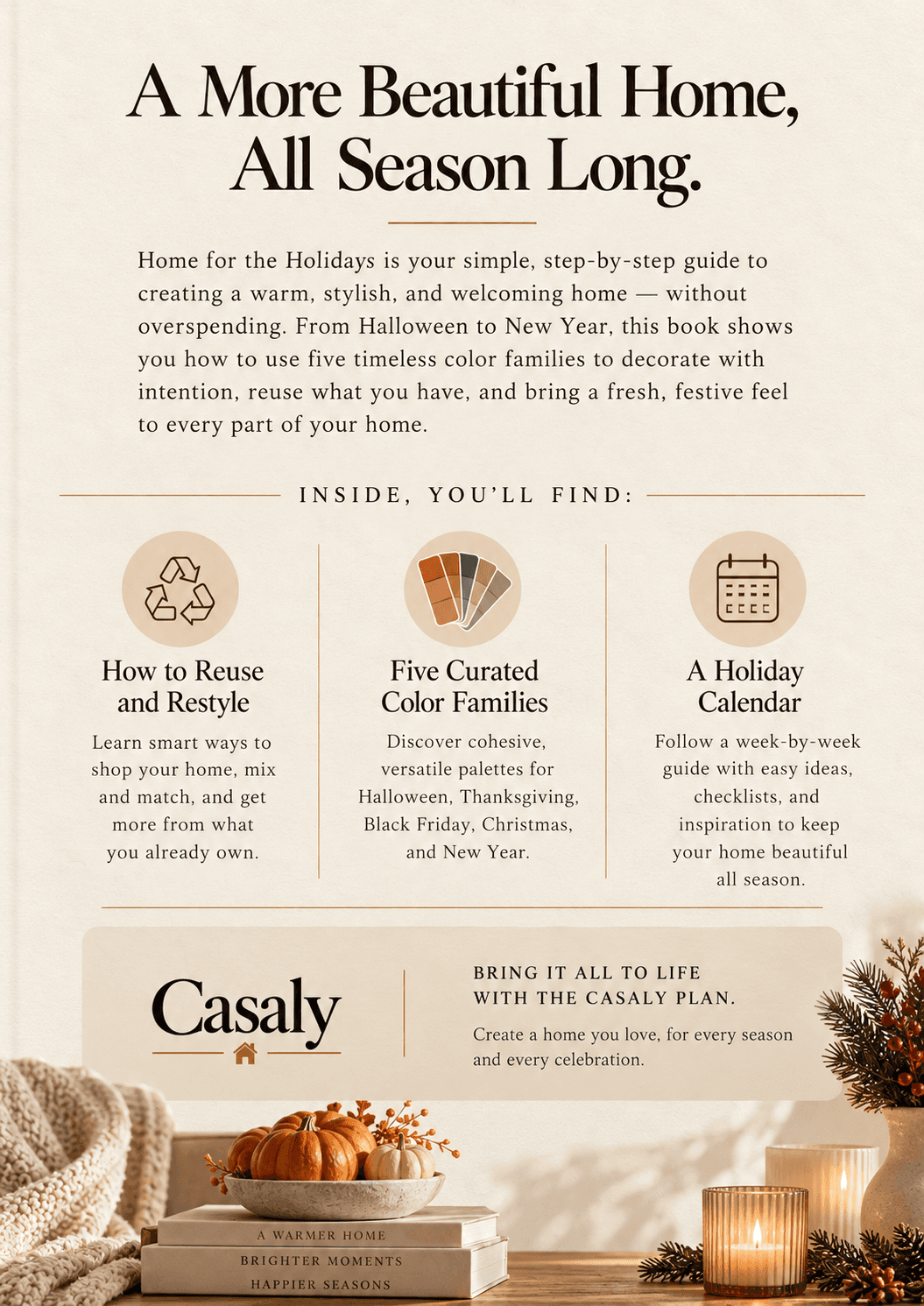 Back cover of Home for the Holidays showing interior features, seasonal swatches, and candlelit styling