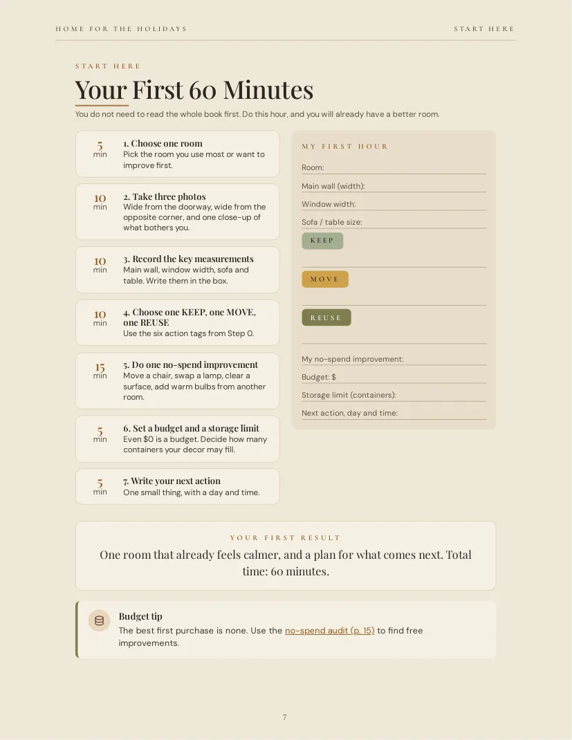 Workbook page titled Your First 60 Minutes, with a simple room-planning sequence and worksheet.