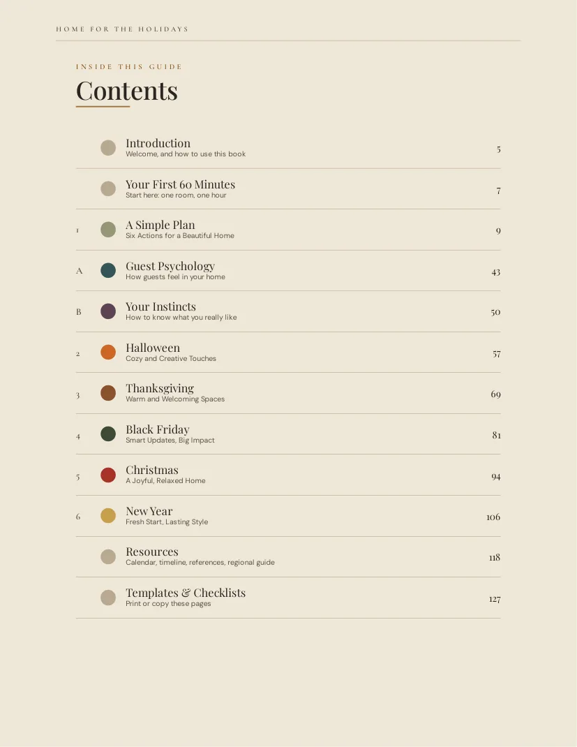 Contents page from the 133-page Home for the Holidays workbook, listing its six seasonal chapters and resources.