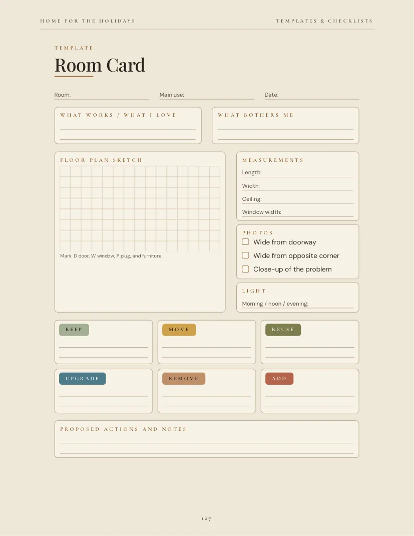 Printable Room Card worksheet with room measurements, photos, lighting, action tags, and notes.